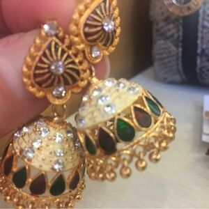 Costume jewelry - gold jhumkas with red green stones